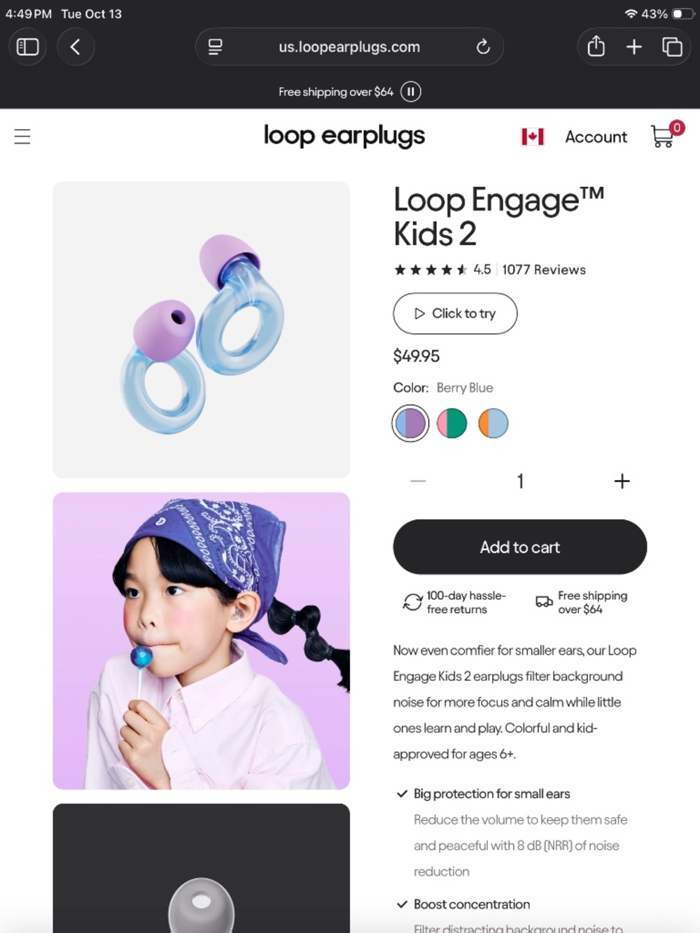 Loop Engage Kids 2, Berry Blue ear plugs